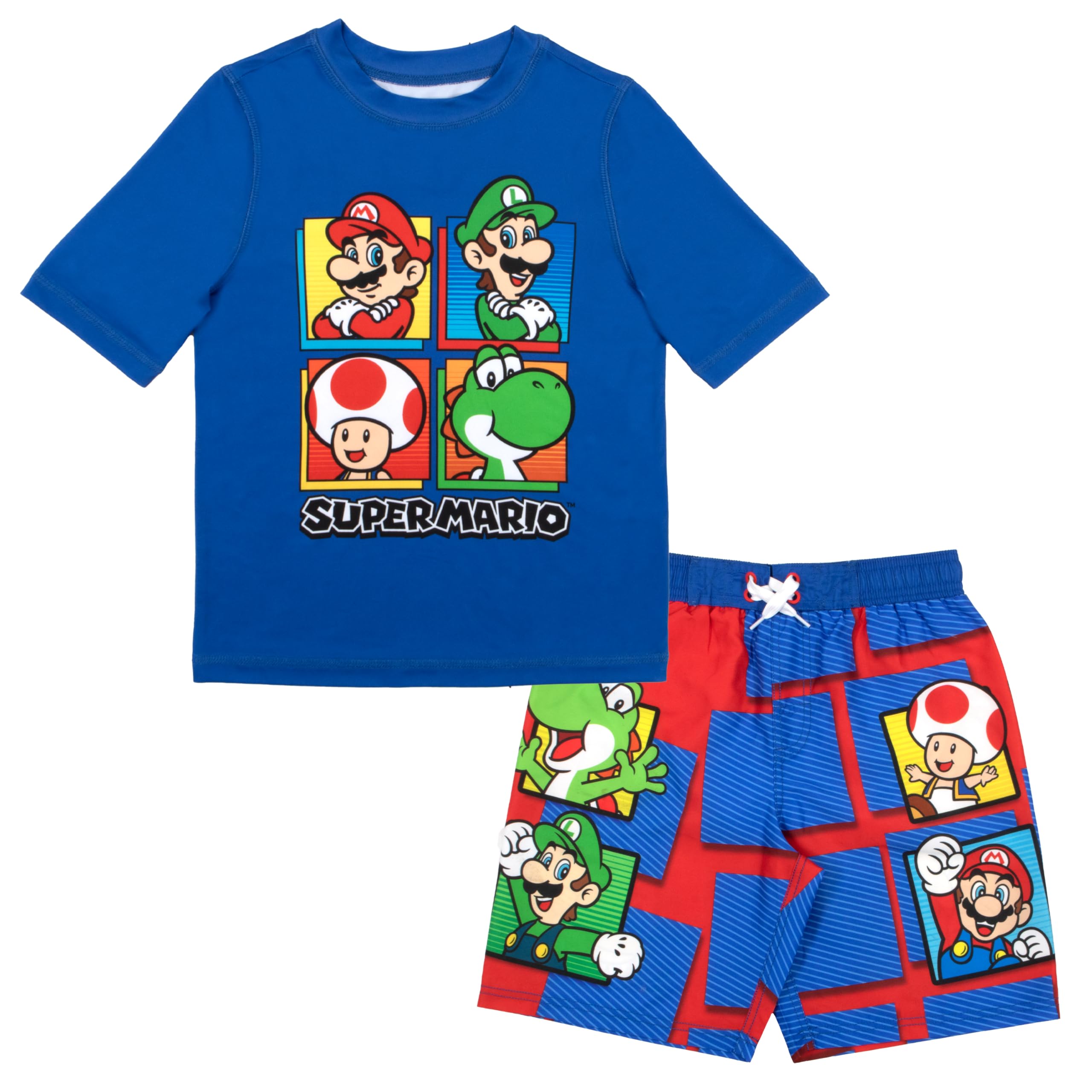 Nintendo Super Mario Bros Boys Swim Wear Rash Guard Set Super Mario 2 Piece Set Boys Swimsuit Boys Rash Guard Boy Swim Trunks Boys Swim Set Mario Luigi Toad Yoshi (Blue Size 4)